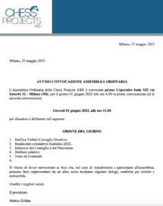 AVVISO CONVOCAZIONE ASSEMBLEA ORDINARIA CHESS PROJECTS 2023